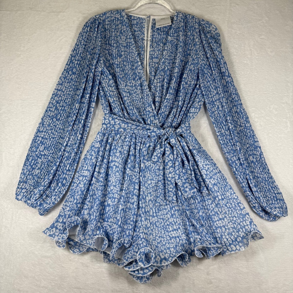 C/MEO‎ COLLECTIVE Blue White Pleated Long Sleeve Ruffle Romper Size S 10190113-1